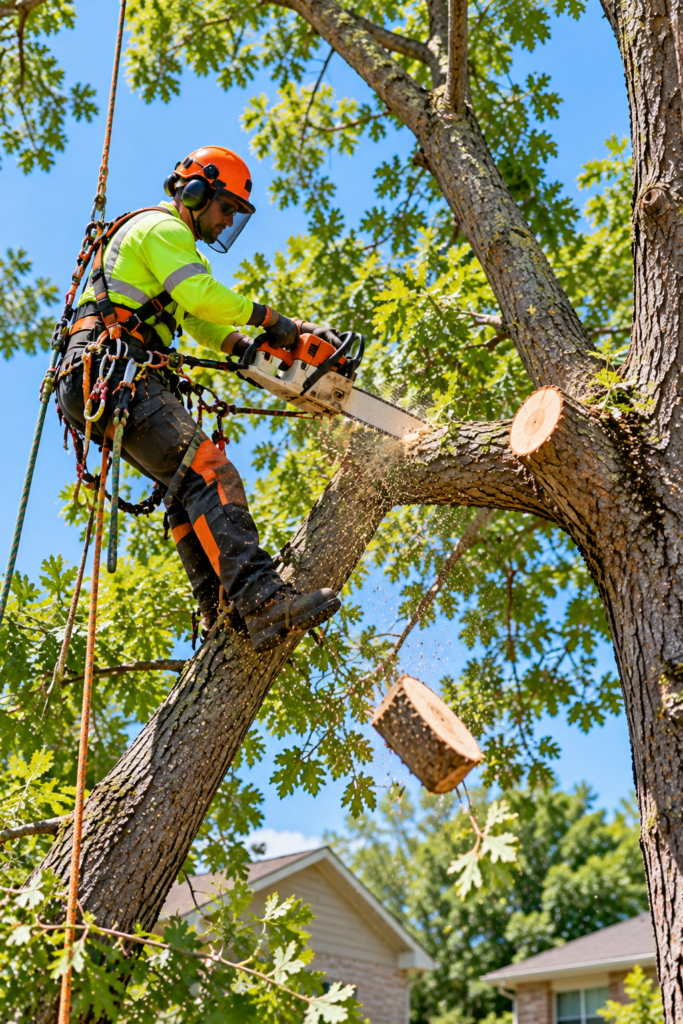 Climber in a safety harness cutting a tree limb with a chainsaw