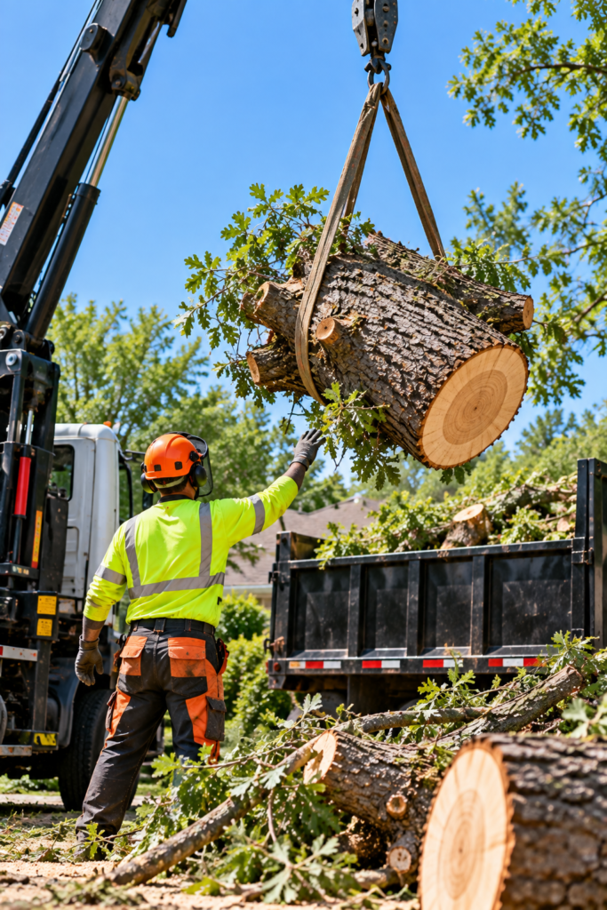 Crane lifting a cut tree trunk section above a truck beside a tree worker