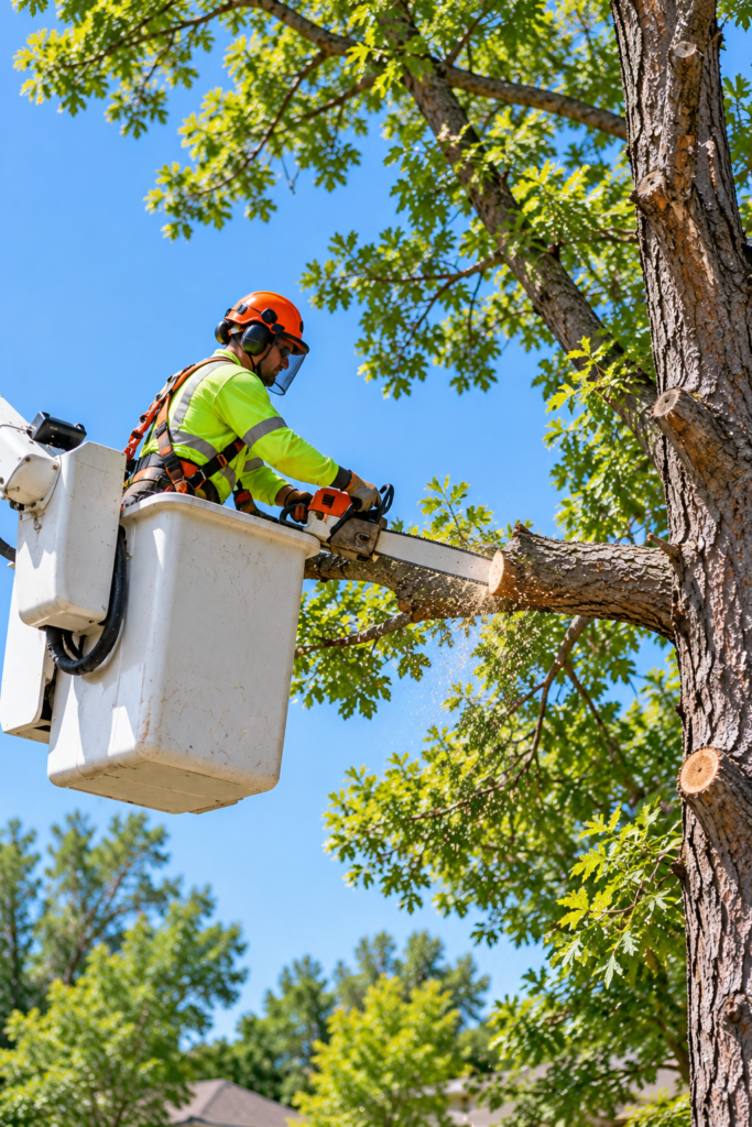 Tree worker in a bucket lift cutting a side branch from a tree with a chainsaw
